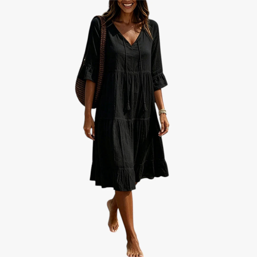 Dame Boho Midi Sommerkjole med Flæser