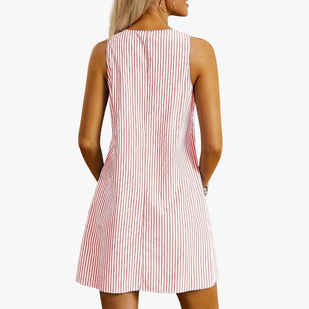 Dame Stribet Mini Sommerkjole med Knapper og Lommer