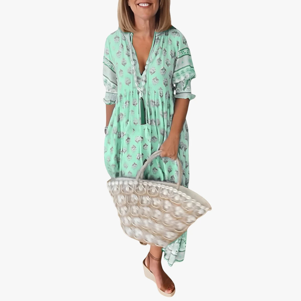 Dame Boho Midi Sommerkjole med V-udskæring