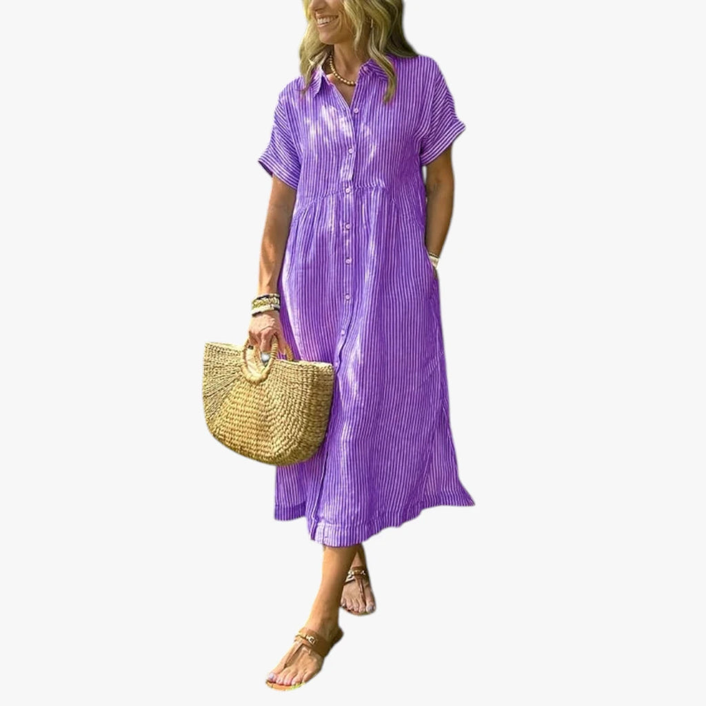 Dame Stribet Midi Sommerkjole med Knapper