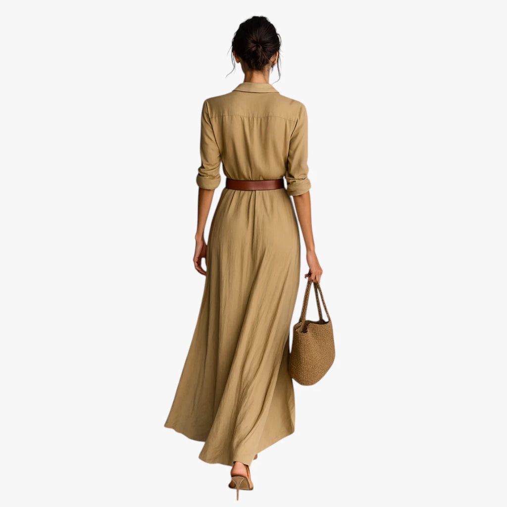 Dame Elegant Maxi Skjortekjole med Knapper og Lange Ærmer