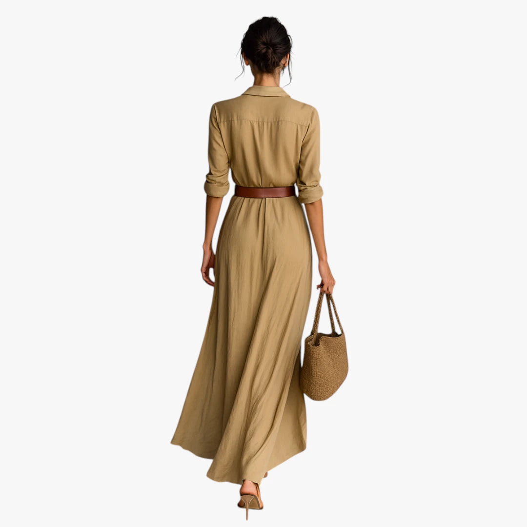 Dame Elegant Maxi Skjortekjole med Knapper og Lange Ærmer