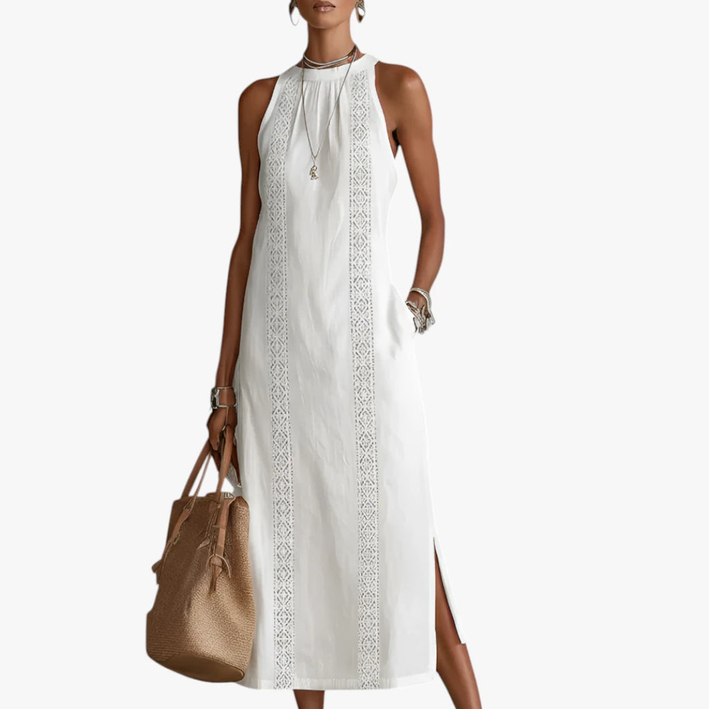 Dame Elegant Midi Sommerkjole med Halterneck og Sidelommer