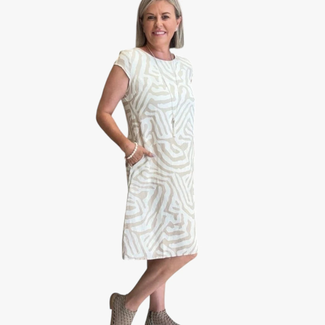 Dame Boho Midi Sommerkjole med Rund Hals og Lommer