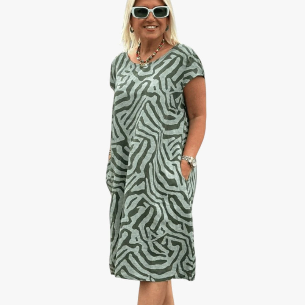 Dame Boho Midi Sommerkjole med Rund Hals og Lommer