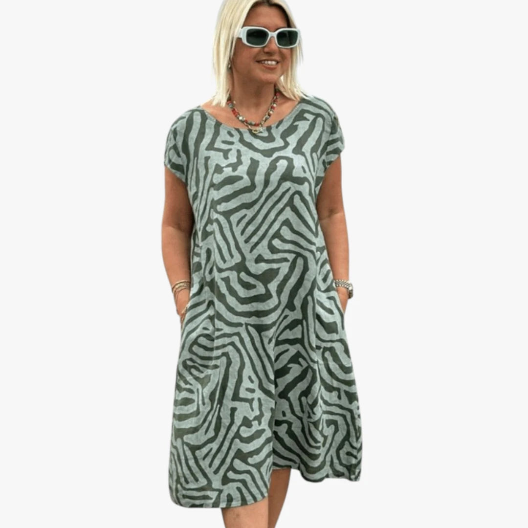 Dame Boho Midi Sommerkjole med Rund Hals og Lommer