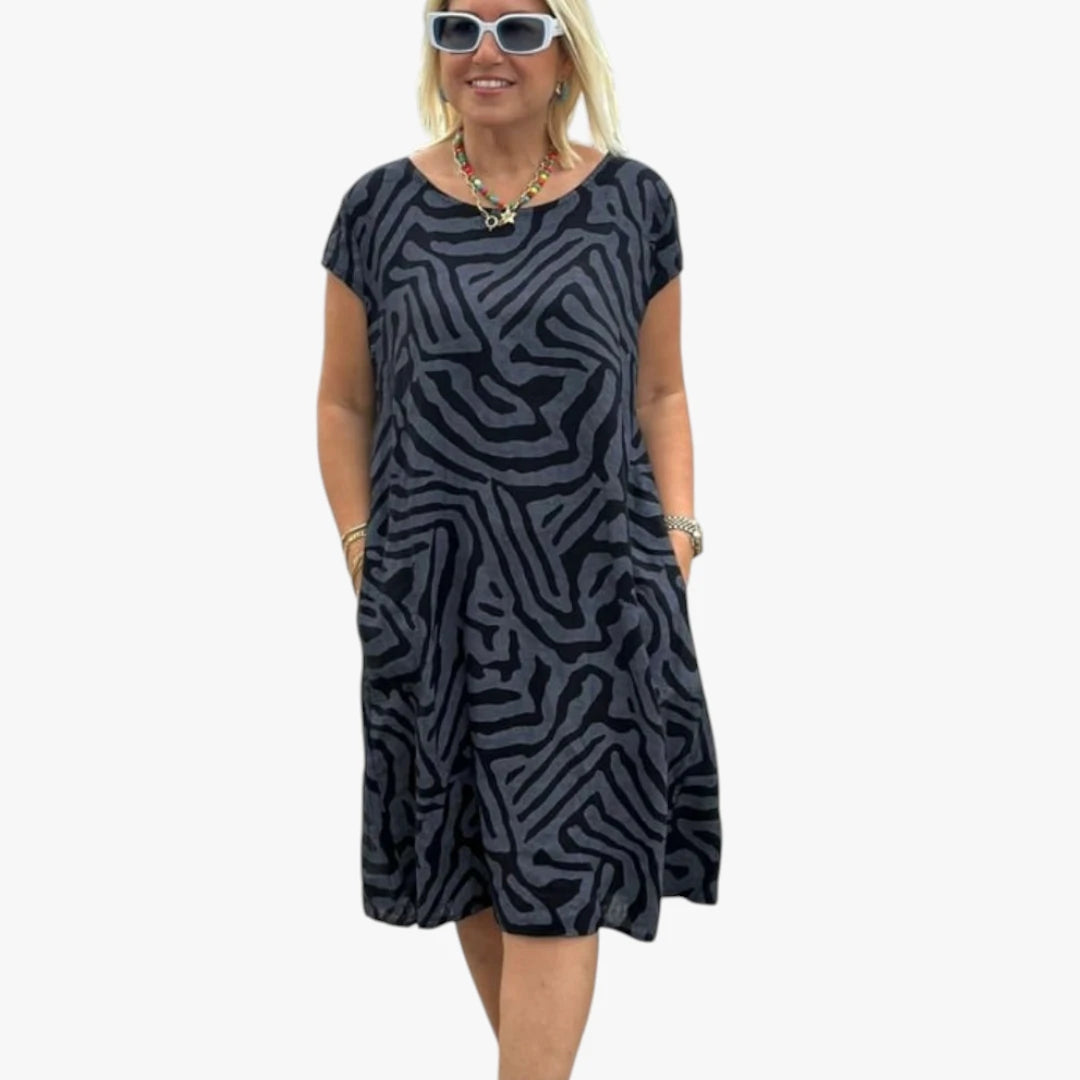 Dame Boho Midi Sommerkjole med Rund Hals og Lommer