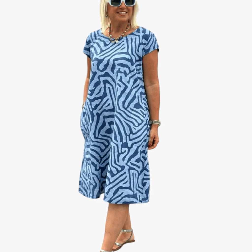 Dame Boho Midi Sommerkjole med Rund Hals og Lommer