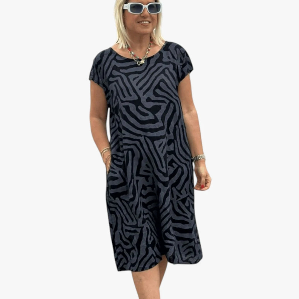 Dame Boho Midi Sommerkjole med Rund Hals og Lommer