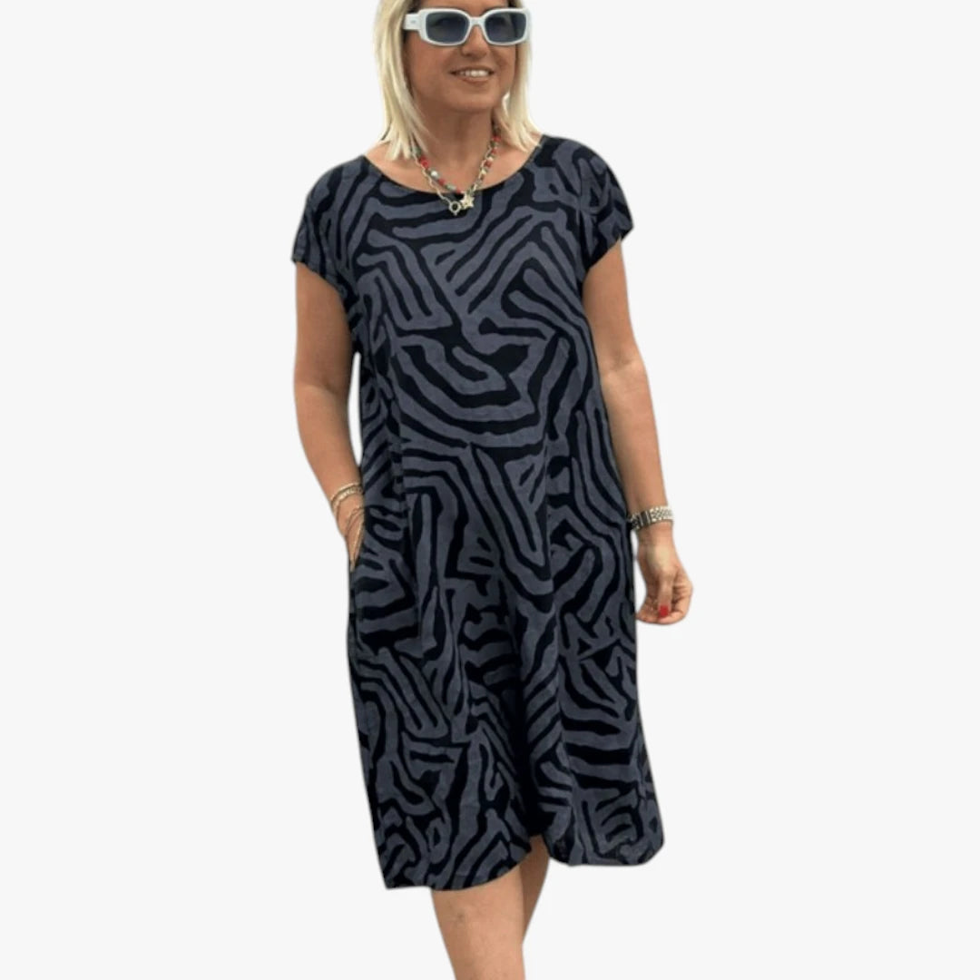Dame Boho Midi Sommerkjole med Rund Hals og Lommer