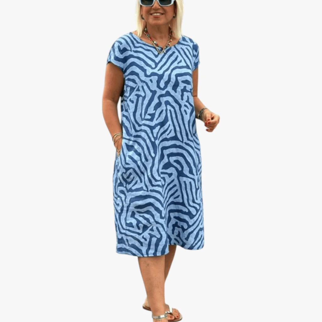 Dame Boho Midi Sommerkjole med Rund Hals og Lommer