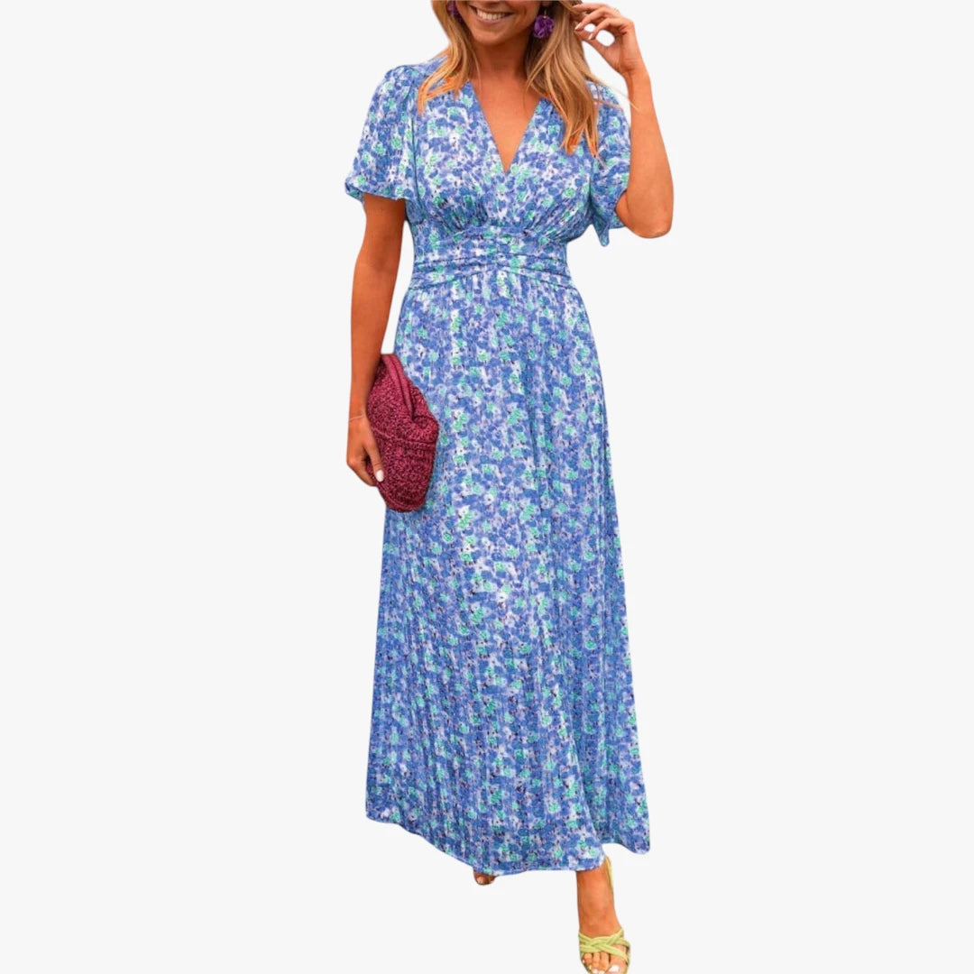 Dame Blomstret Maxi Sommerkjole med Smock og V-udskæring