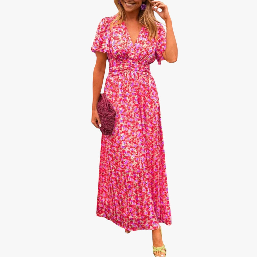 Dame Blomstret Maxi Sommerkjole med Smock og V-udskæring