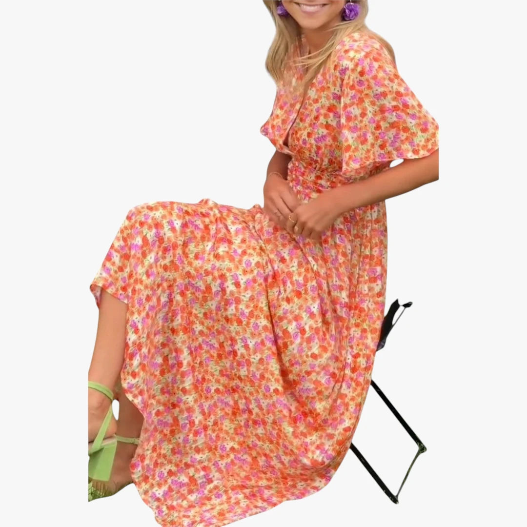 Dame Blomstret Maxi Sommerkjole med Smock og V-udskæring