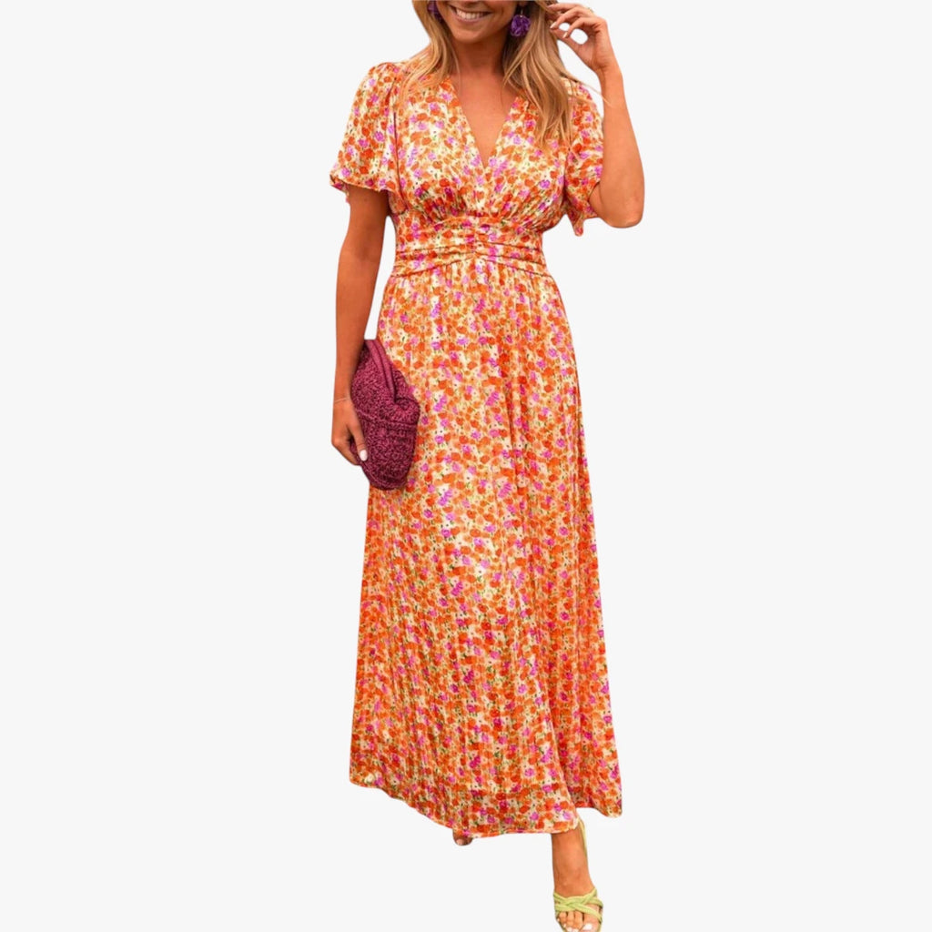 Dame Blomstret Maxi Sommerkjole med Smock og V-udskæring