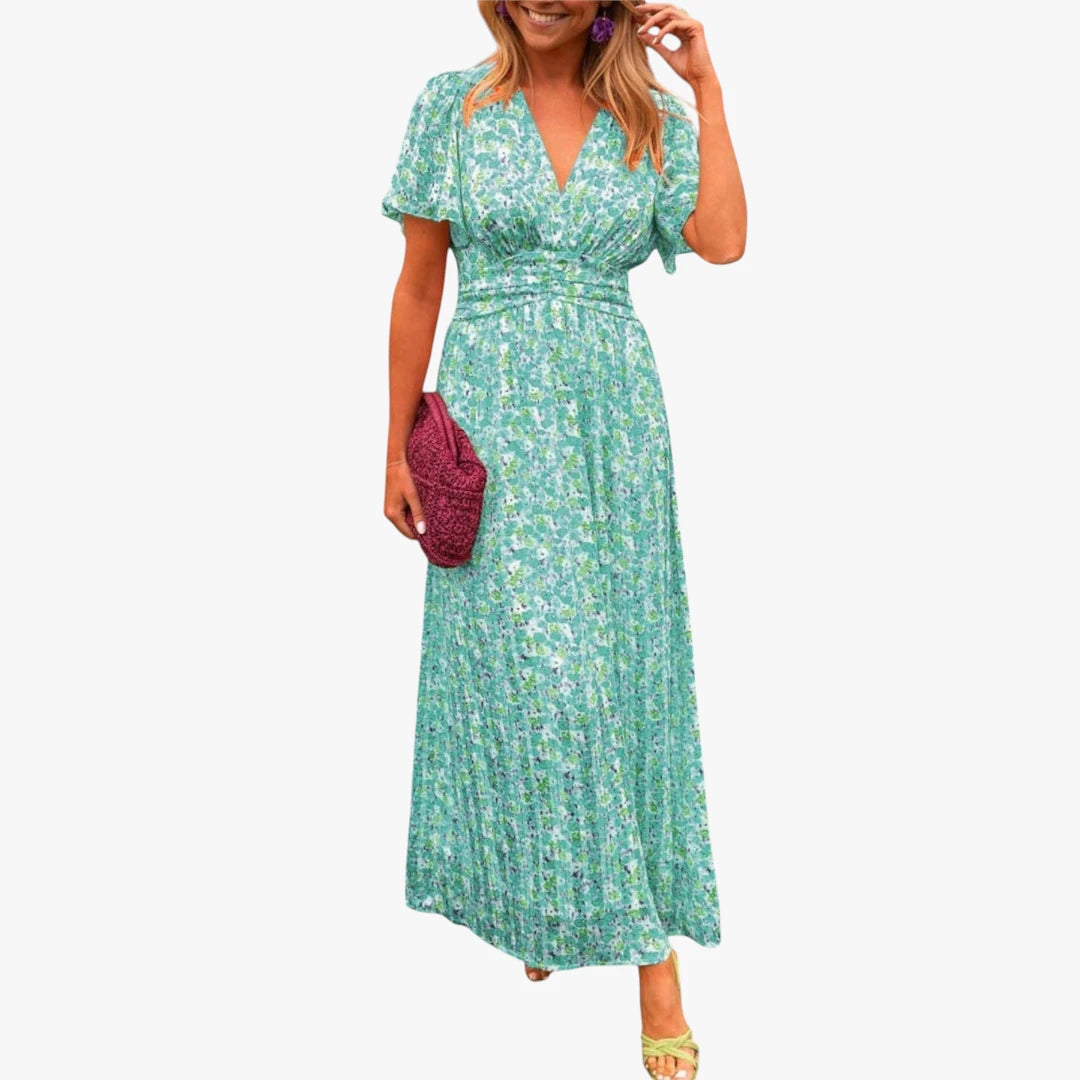 Dame Blomstret Maxi Sommerkjole med Smock og V-udskæring