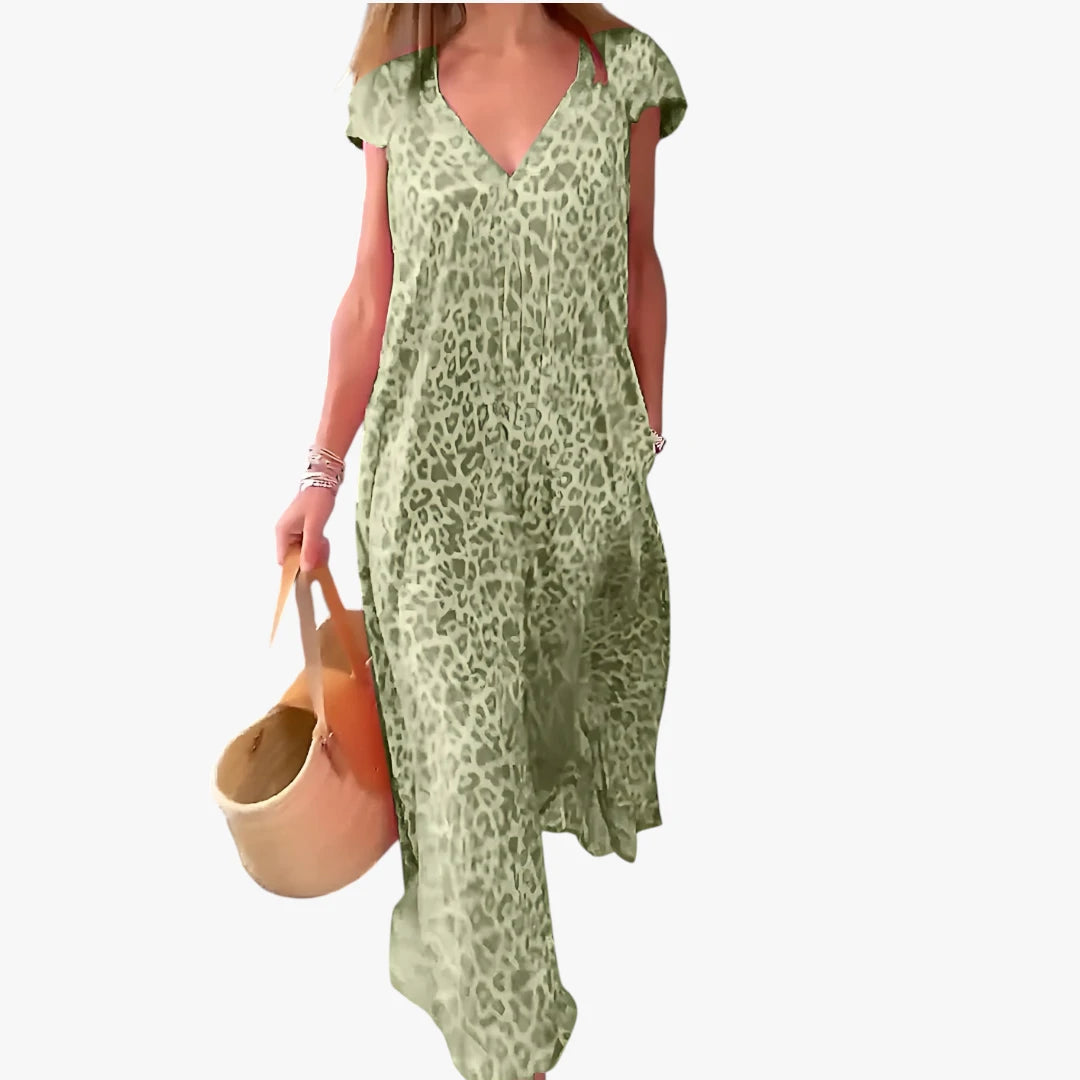 Dame Leopard Maxi Sommerkjole med V-hals