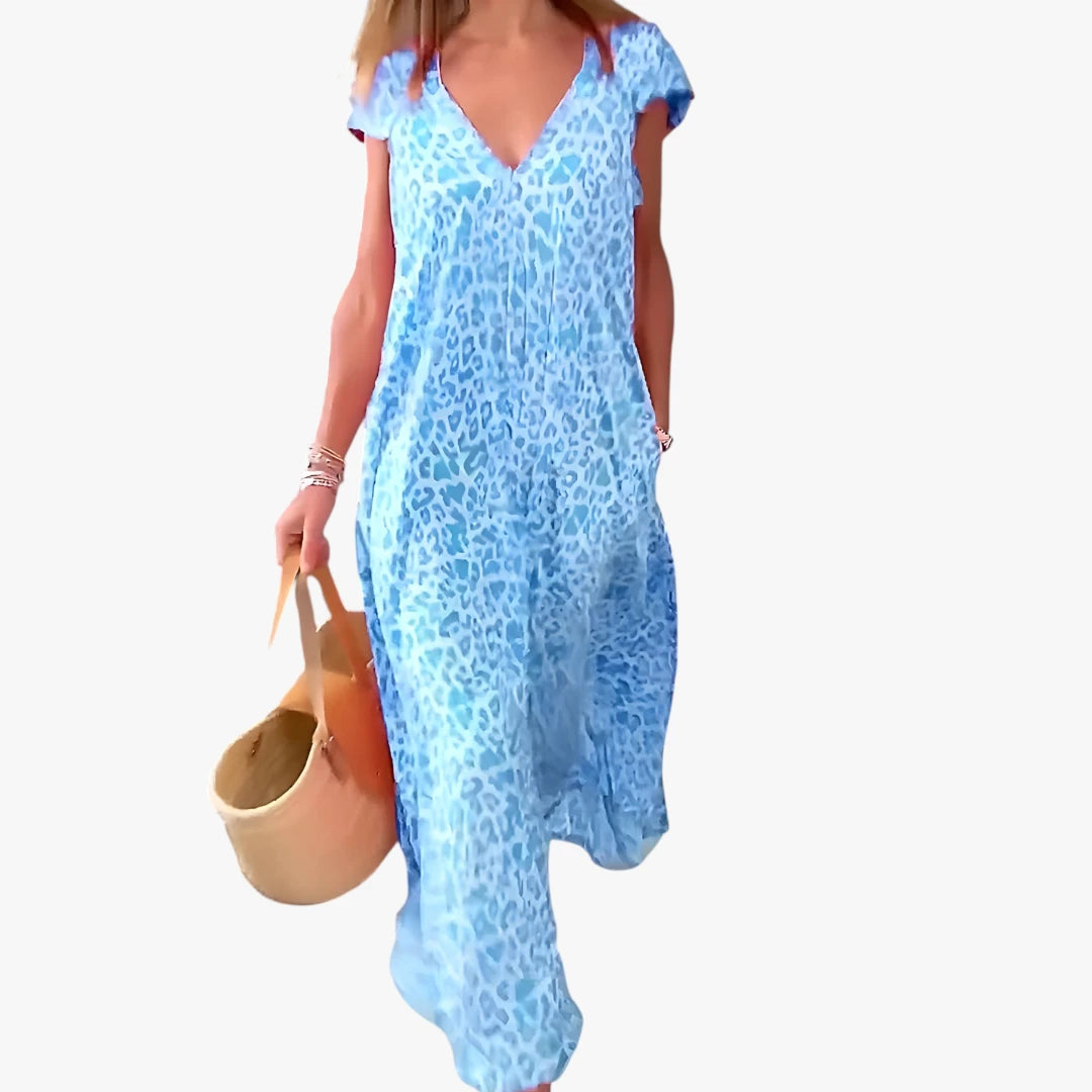 Dame Leopard Maxi Sommerkjole med V-hals