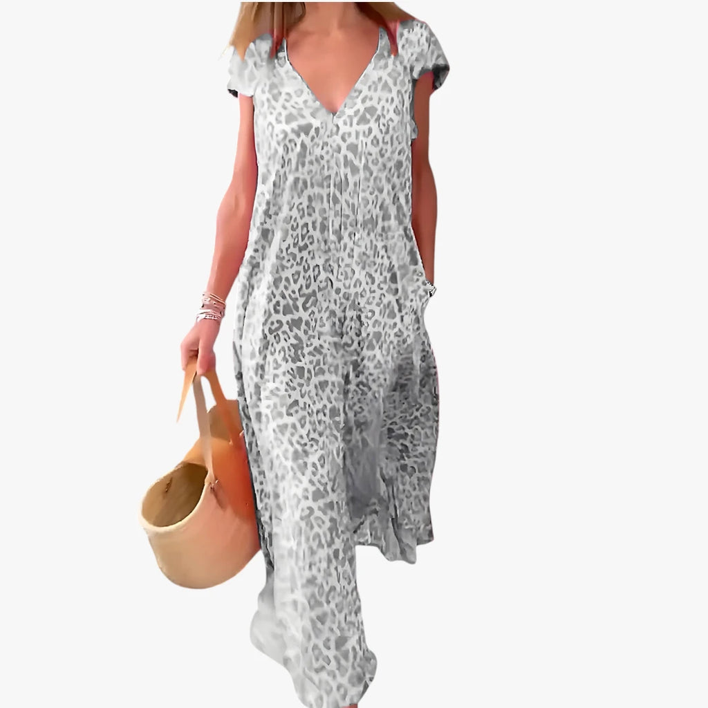 Dame Leopard Maxi Sommerkjole med V-hals