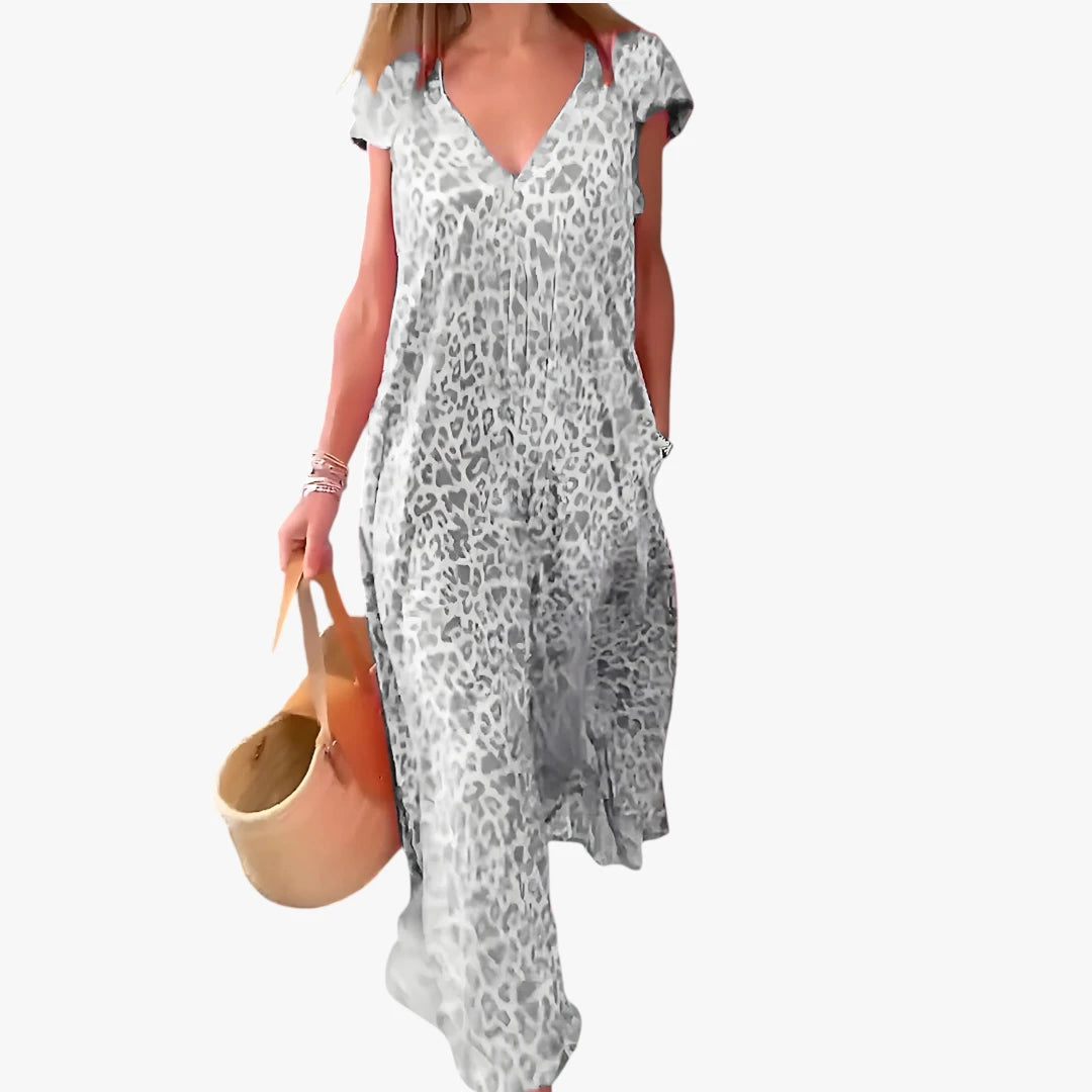 Dame Leopard Maxi Sommerkjole med V-hals