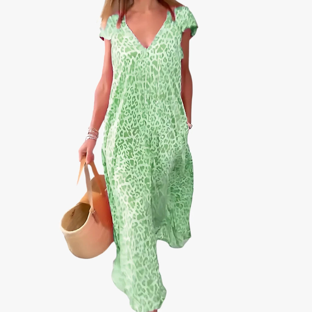 Dame Leopard Maxi Sommerkjole med V-hals