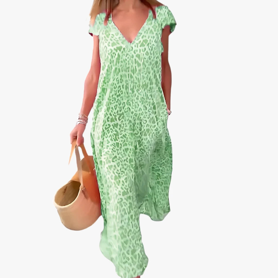 Dame Leopard Maxi Sommerkjole med V-hals