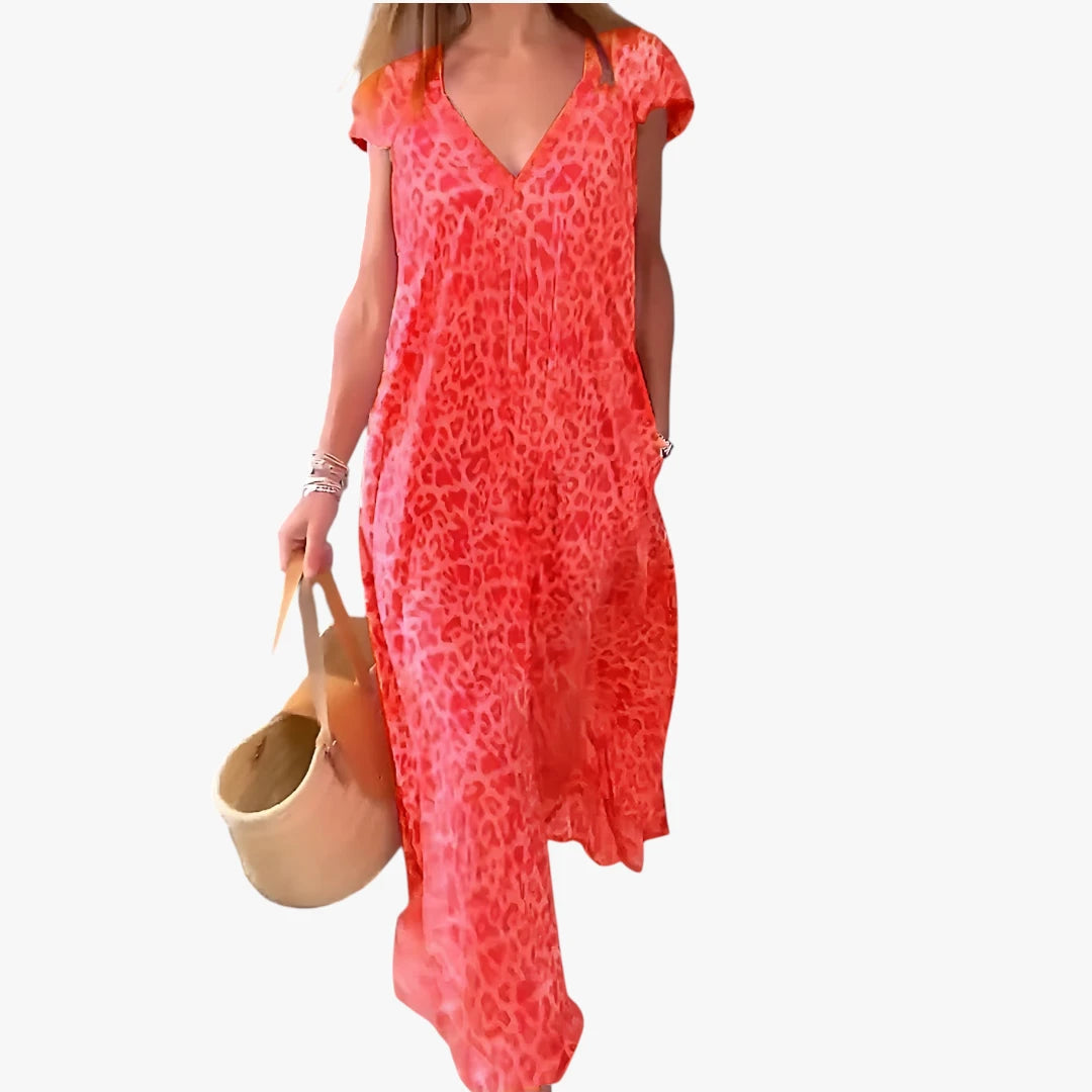 Dame Leopard Maxi Sommerkjole med V-hals