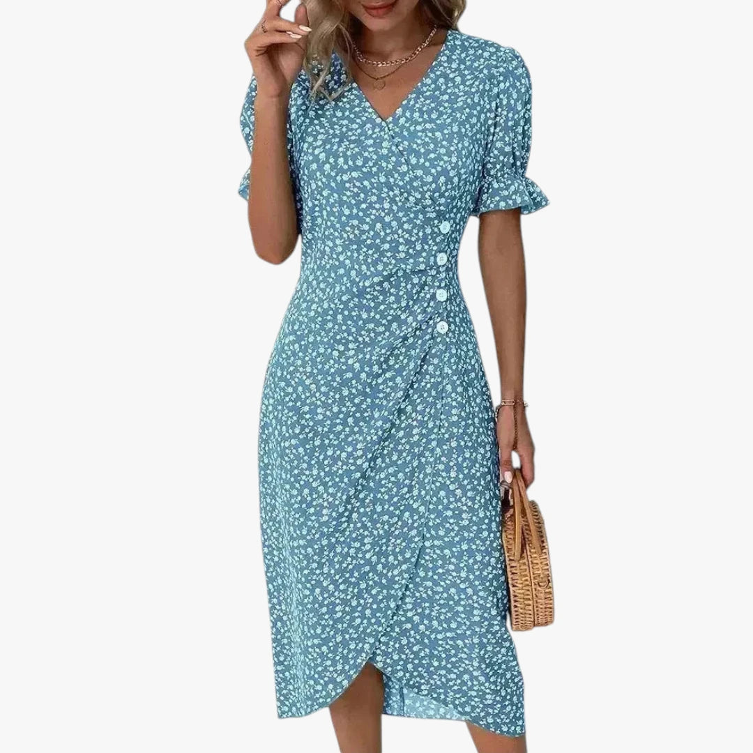 Dame Blomstret Midi Sommerkjole med Knapper og Pufærmer