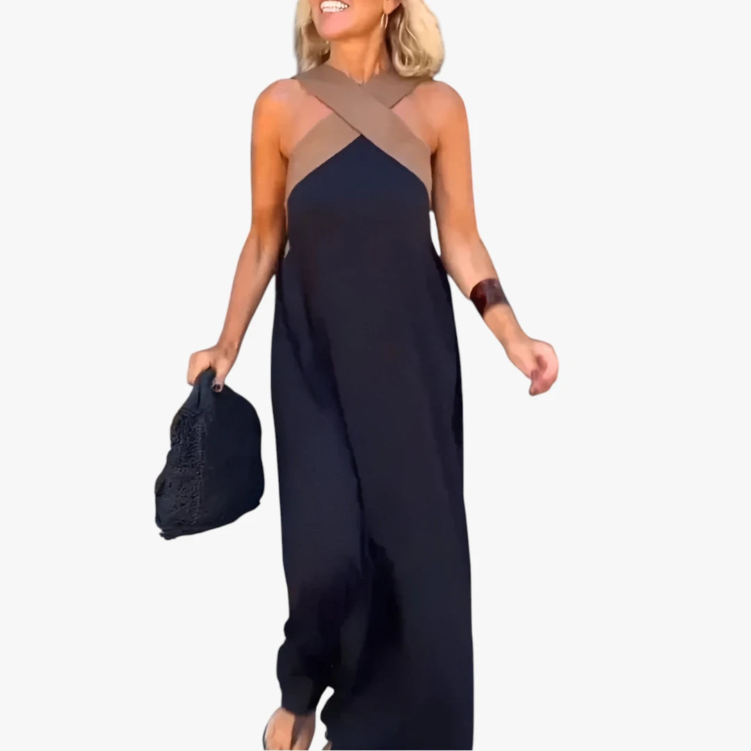 Dame Elegant Maxi Sommerkjole med Halterneck og Åben Ryg