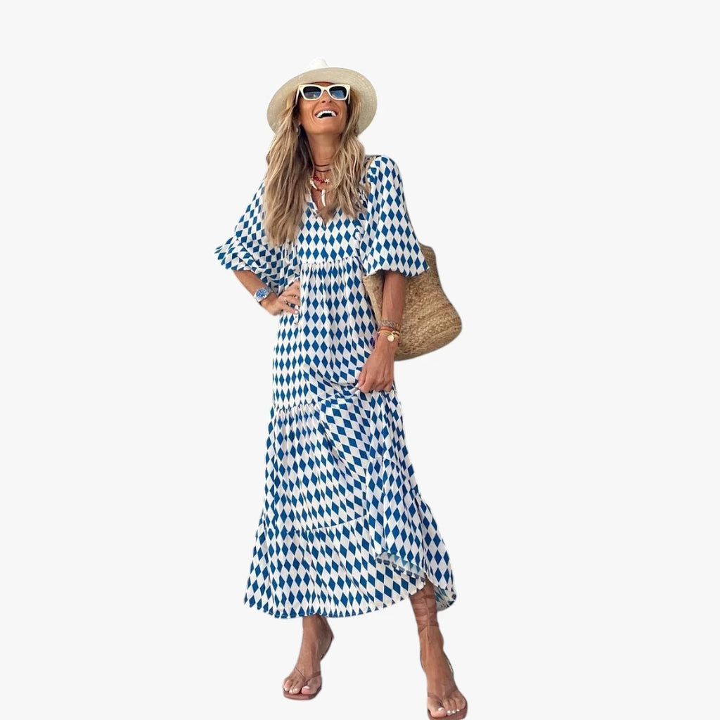 Dame Blomstret Midi Sommerkjole med Pufærmer og Løs Pasform