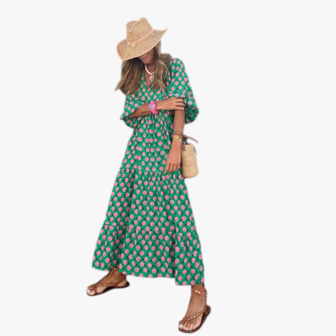 Dame Blomstret Midi Sommerkjole med Pufærmer og Løs Pasform
