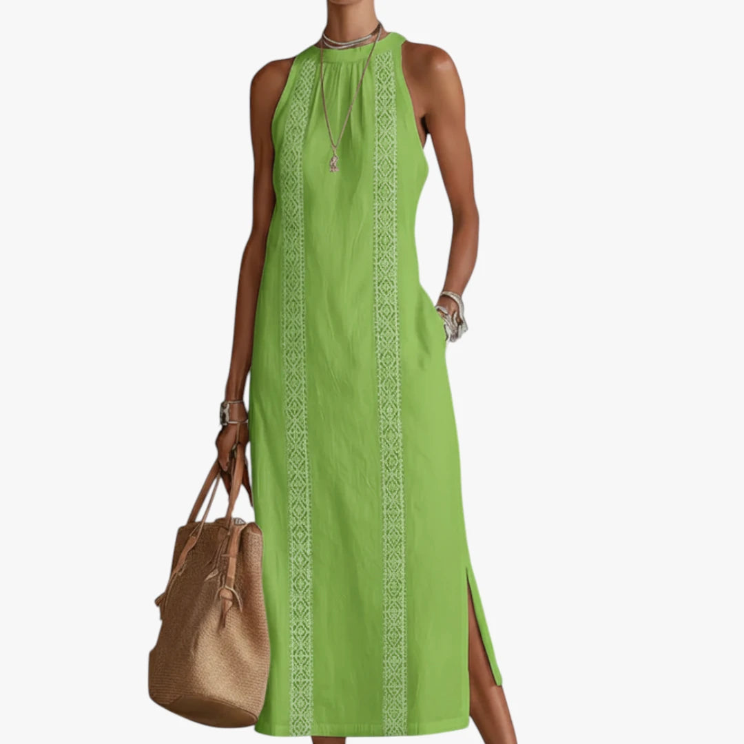 Dame Elegant Midi Sommerkjole med Halterneck og Sidelommer