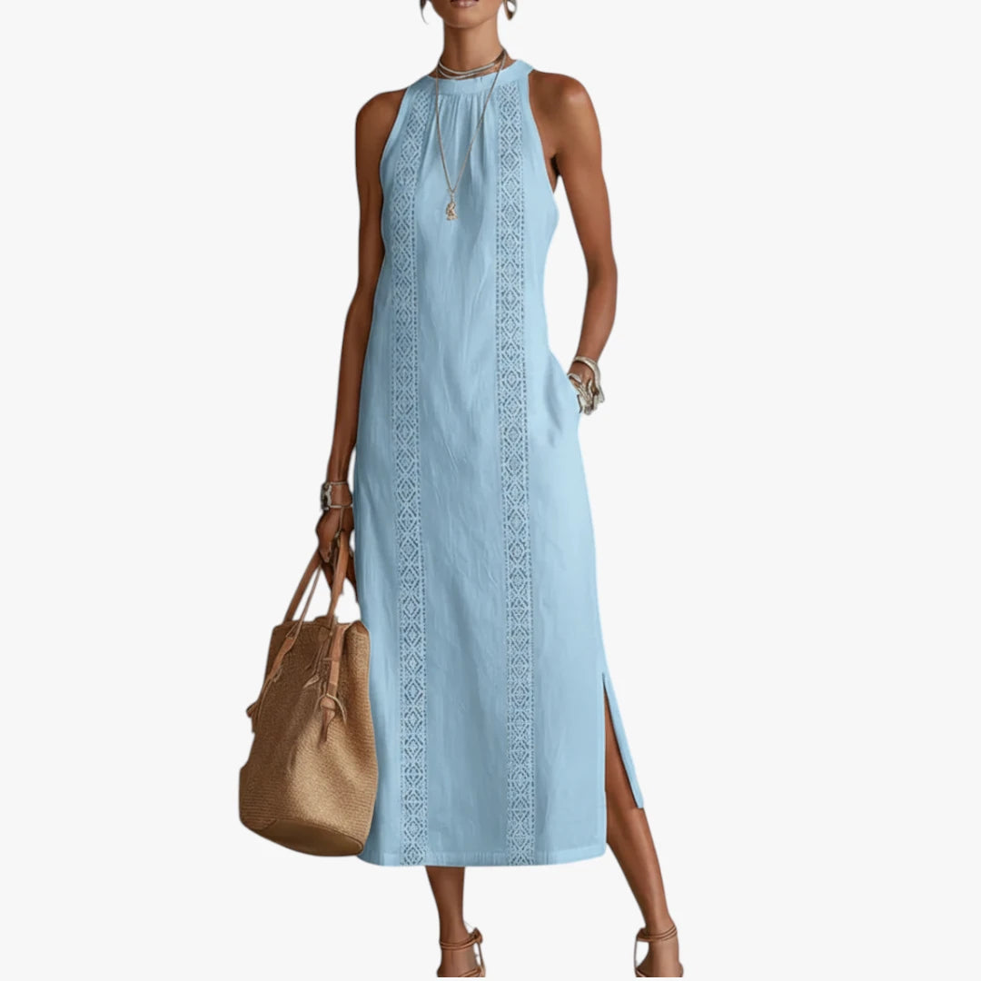 Dame Elegant Midi Sommerkjole med Halterneck og Sidelommer