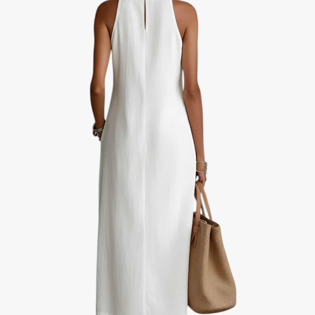Dame Elegant Midi Sommerkjole med Halterneck og Sidelommer