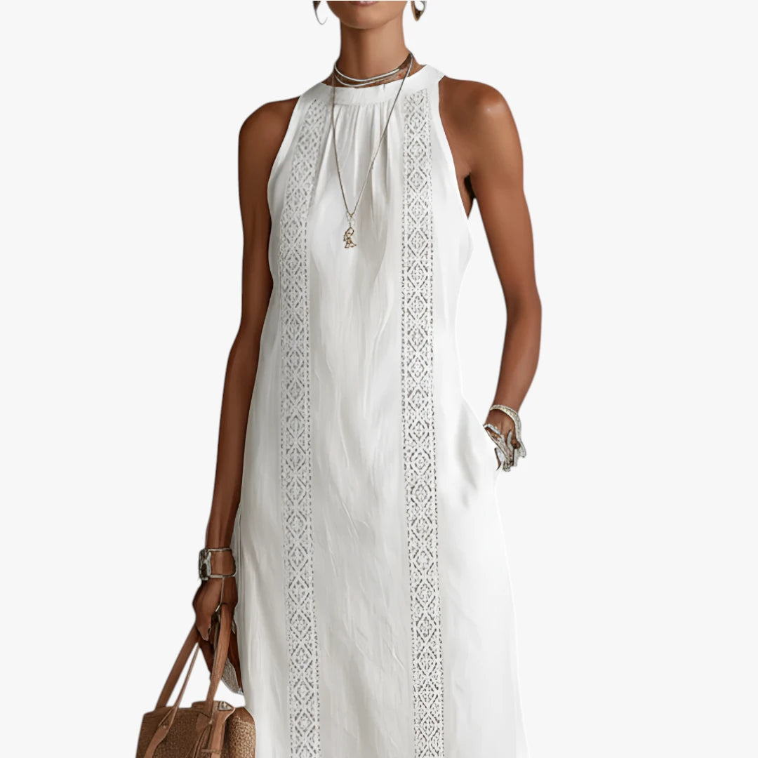 Dame Elegant Midi Sommerkjole med Halterneck og Sidelommer