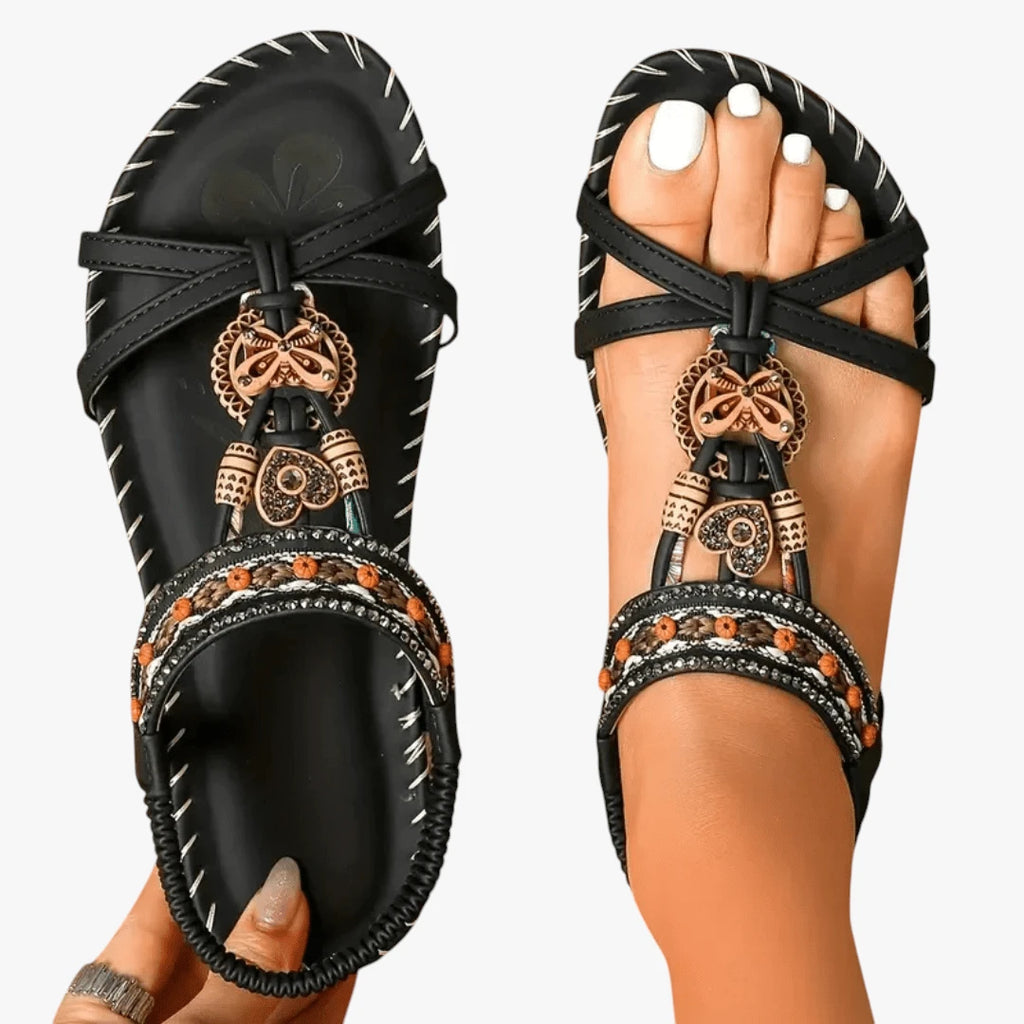 Dame Sunde Flade Sandaler med Perler og Rem